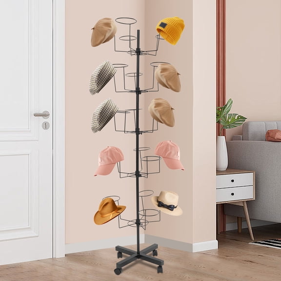 5-Tier Rotating Hat Rack Display Stand with Wheels Heavy-Duty Clothing Store Organizer for Retail Exhibition