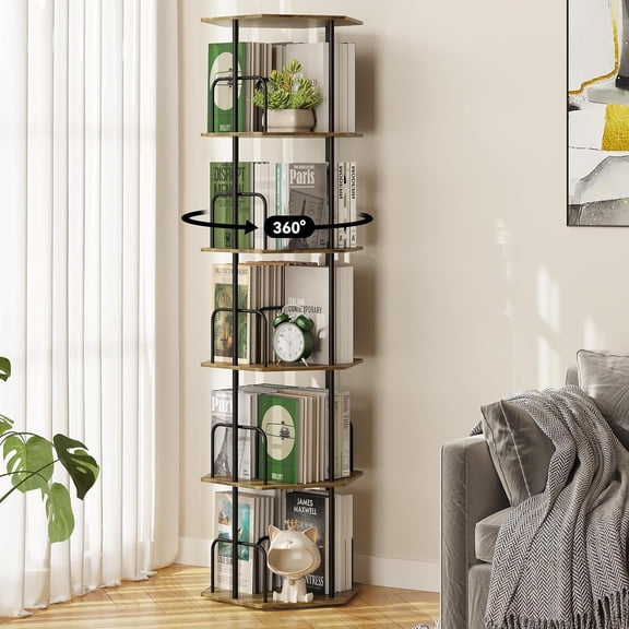 5 Tier Rotating Hexagonal Bookshelf Tower with 360 Degree Spin