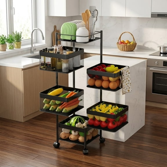 5-Tier Rotating Kitchen Storage Cart, Metal Fruit Basket with Wheels, Rolling Kitchen Storage Rack Storage Organizer Serving Cart for Kitchen Bathroom