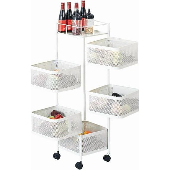 5 Tier Rotating Kitchen Storage Organizers Rack, Metal Mesh Rolling Cart Organizer with Top Lid, 360 ° Rotatable,for Kitchen Vegetable Fruit Snack Store,White