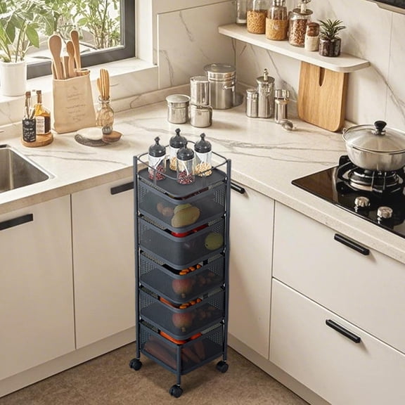 5 Tier Rotating Kitchen Storage Rack, Metal Mesh Rolling Cart Organizer with Top Lid