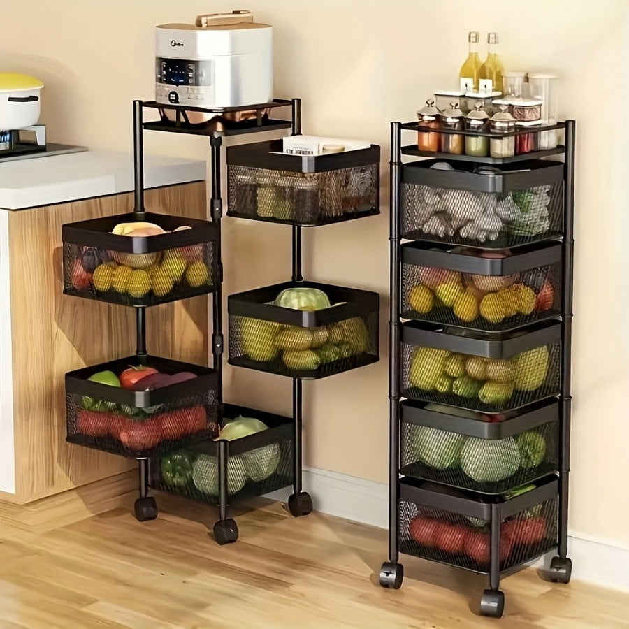 5 Tier Rotating Kitchen Storage Shelf, Metal Fruit Vegetable Storage Basket Multi-Layer Vegetable Rack Storage Trolley on Wheels, Floor-Standing Basket for Kitchen Bathroom, Square