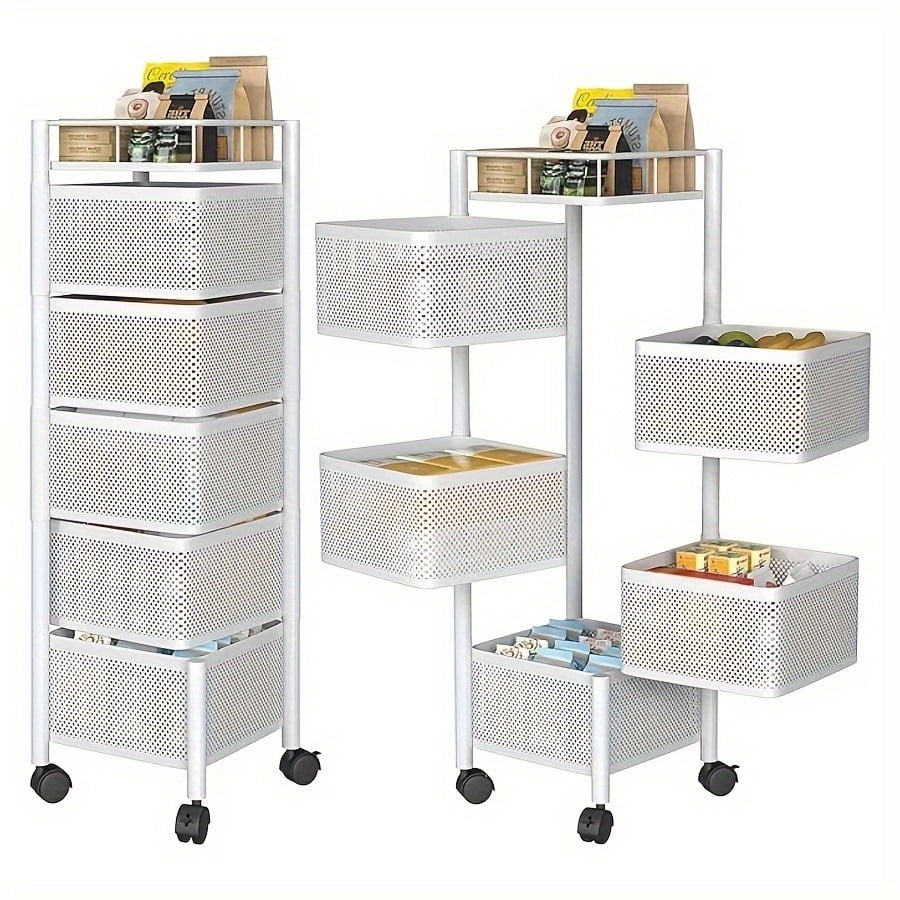 5 Tier Rotating Kitchen Storage Shelf, Metal Fruit Vegetable Storage Basket Multi-Layer Vegetable Rack Storage Trolley on Wheels, Floor-Standing Basket for Kitchen Bathroom, Square