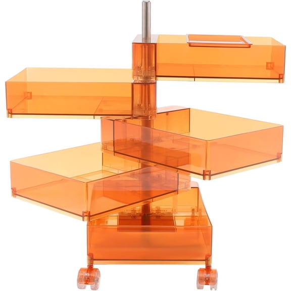 5-Tier Rotating Nightstand with Storage & Wheels, Modern Side Table with Sliding Tray, Clear Orange