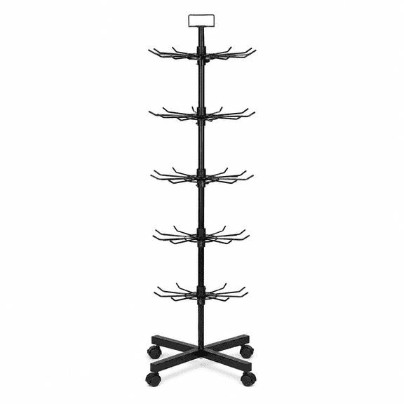5-Tier Rotating Retail Display Rack with 50 Hooks, Adjustable Tiers, Sign Holder and Locking Wheels, Black Metal