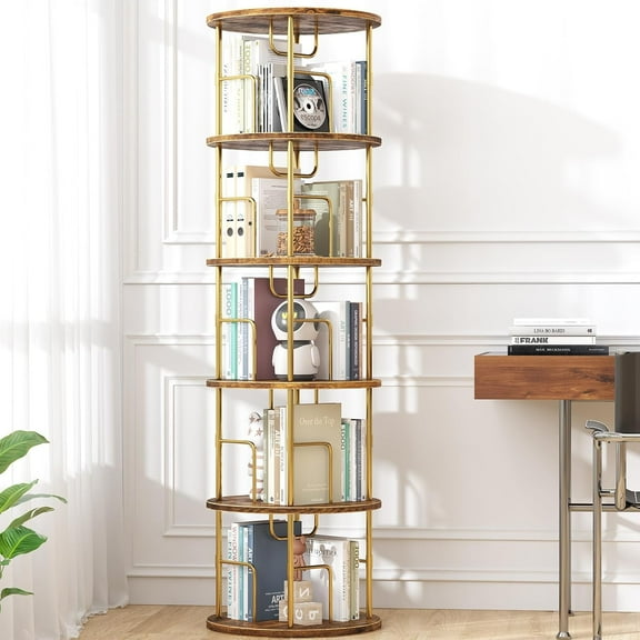 5-Tier Rotating Round Bookshelf Tower with 360 Swivel Base Gold