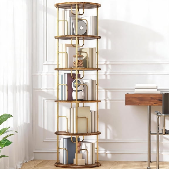 5-Tier Rotating Round Bookshelf Tower with 360    Swivel Base Space-Saving Floor Standing Corner Storage Organizer Gold