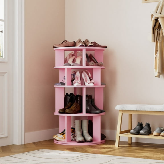 5 Tier Rotating Shoe Rack Tower, 16 Pair Shoe Organizer Shelf, Pink, 43.6" x 23.6" x 23.6"