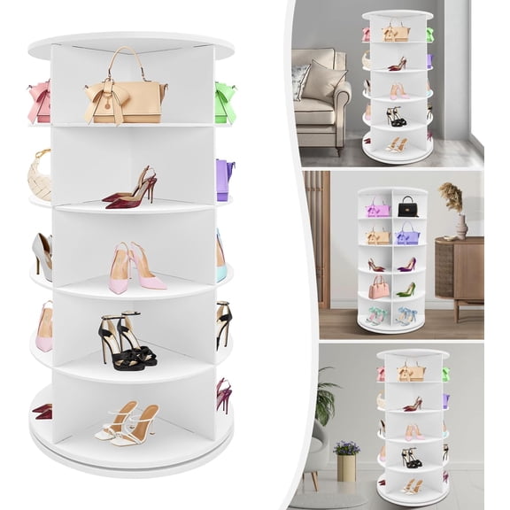 5 Tier Rotating Shoe Vertical Rack Organizer, High Bottom Design Shoe Tower Spinning Storage, 360Closet Handbag Display Rotate Organizers Handbag Rotate Shoes Closet Organization