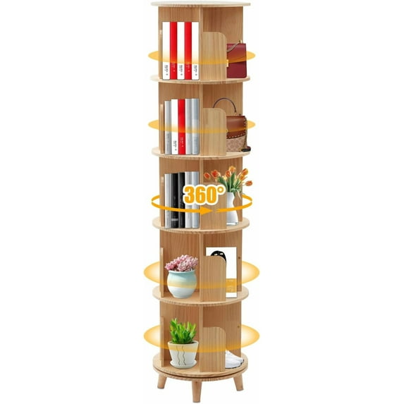 5-Tier Rotating Solid Wood Bookshelf - 360 Spinning Tower for Home, Office, Study & Living Room