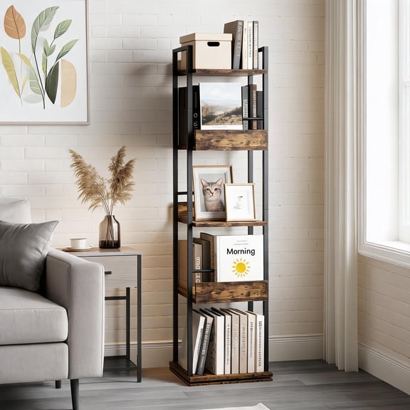 5-Tier Rotating Storage Bookshelf, Tall Narrow Freestanding Corner Bookcase with Guardrail for Living Room, Bedroom, Office, Study