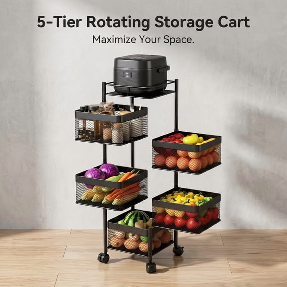 5-Tier Rotating Storage Cart, Square Metal Kitchen Utility Cart on Wheels, 360° Swinging Wire Basket Organizer Rack for Fruit, Vegetable, Pantry, Bathroom and Living Room, BLACK