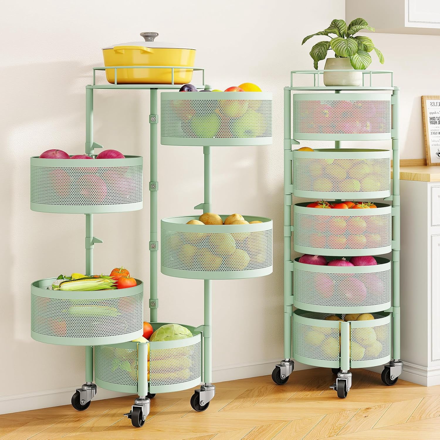 5-Tier Rotating Storage Rack Cart with Metal Lid, Wire Basket Organizer ...