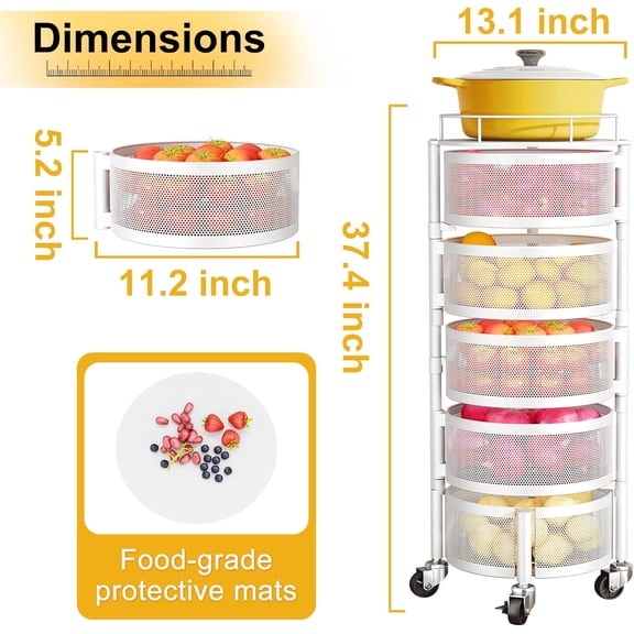 5 Tier Rotating Storage Rack Cart for Kitchen with Metal Top Lid, White