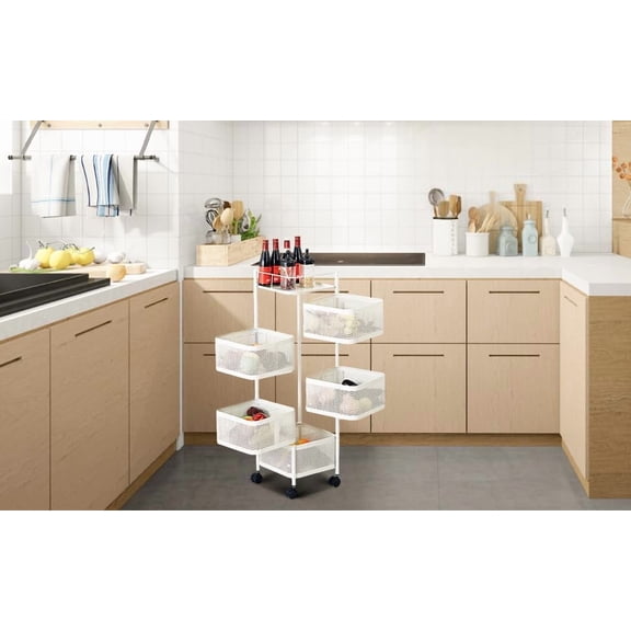 5-Tier Rotating Vegetable Storage Rack with Wheels, Metal Mesh Fruit Basket with Lid, Potato Onion Storage Organizer Cart for Kitchen Pantry, Rolling Snack Cart for Office Bathroom Bedroom