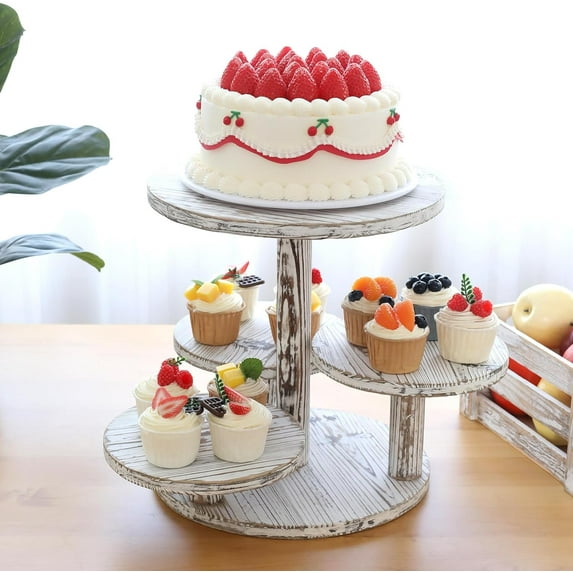 5 Tier Round Cupcake Tower Stand for 60 Cupcakes Wihte Wooden Cake Stands Farmhouse Tiered Tray Decor Cupcake Display for Birthday Graduation Baby Shower Tea Party and Wedding