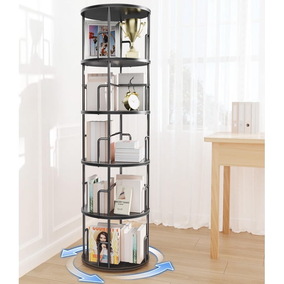 5-Tier Round Rotating Bookshelf Tower Black 62 Inch Tall Space Saving Spinning Bookcase With Anti-Tipping Design