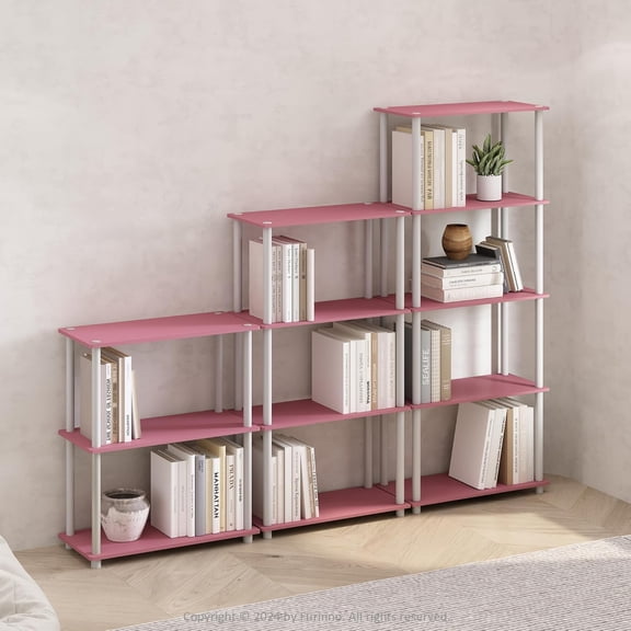 5-Tier Round Tube Storage Shelf with Adjustable Design, Pink/White for Bedroom, Dorm Room, Garage, Home Office, and Living Room