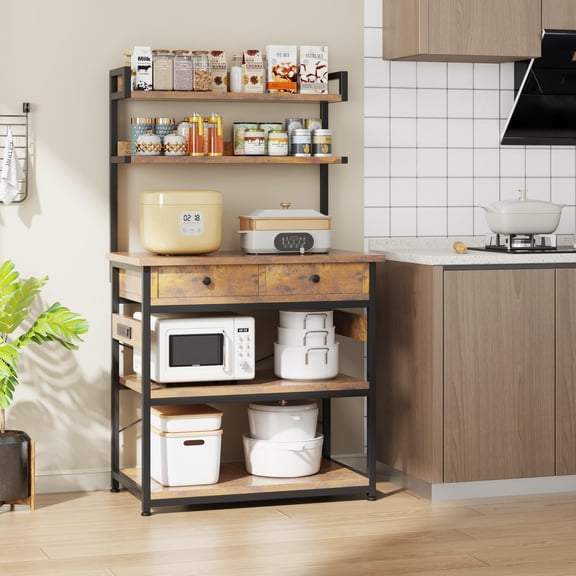 5-Tier Rustic Brown Bakers Rack with 2 Drawers & Power Outlets