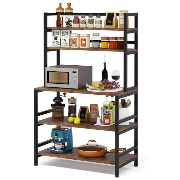 5-Tier Rustic Brown Bakers Rack with Microwave Shelf and Storage
