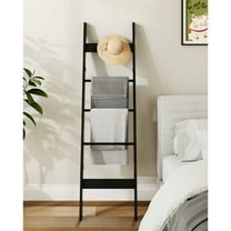 5-Tier Rustic Brown Wooden Blanket Ladder Shelf - Decorative Quilt Rack with 4 Removable Hooks for Living Room, Bedroom & Bathroom Organization