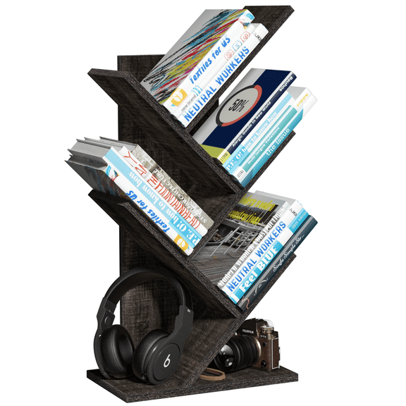 5 Tier Rustic Grey Bookshelf with Drawer Bookcase, Standing Tree Bookcase, Organizer Shelves for Home Office, Living Room, Bedroom, Study