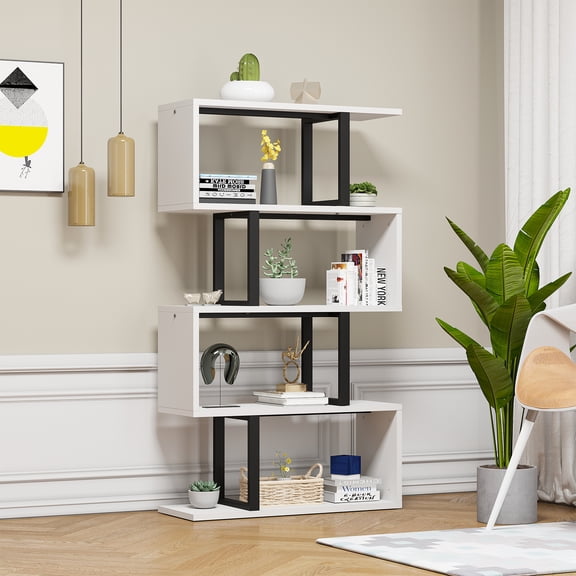 5-Tier S-Shaped Bookshelf, Geometric Bookcase Wooden Z-Shelf Storage Modern Open Shelving, Freestanding Display Bookshelf for Living Room Home Office, White