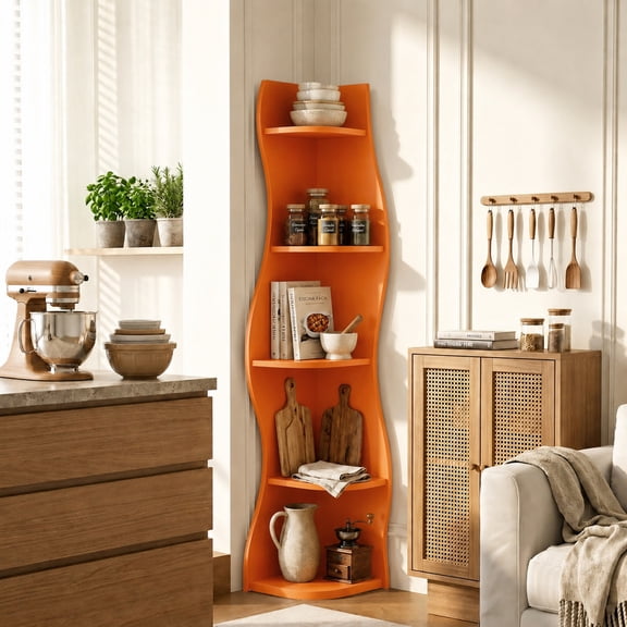 5-Tier S-Shaped Corner Shelf, Modern Freestanding Curved Display Rack with 90° Corner Fit, Space-Saving Bookshelf Plant Stand for Living Room Bedroom, Orange