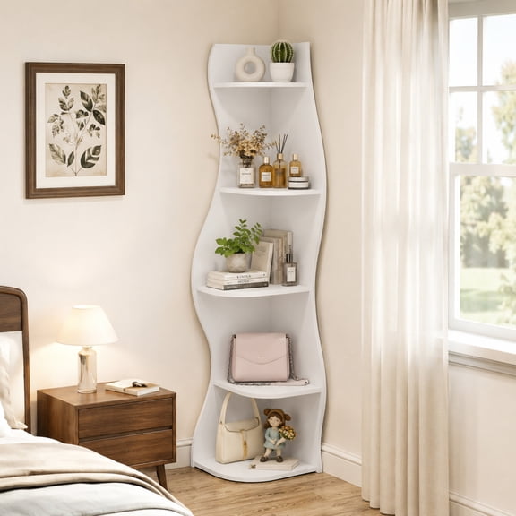 5-Tier S-Shaped Corner Shelf, Modern Freestanding Curved Display Rack, Space-Saving Bookshelf and Plant Stand for Living Room, Bedroom, Home Office,White