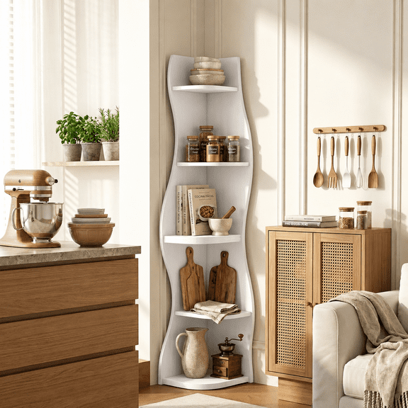 5-Tier S-Shaped Corner Shelf, Modern Freestanding Curved Display Rack, Space-Saving Corner Bookshelf Plant Stand for Living Room, Bedroom, Bathroom, Home Office