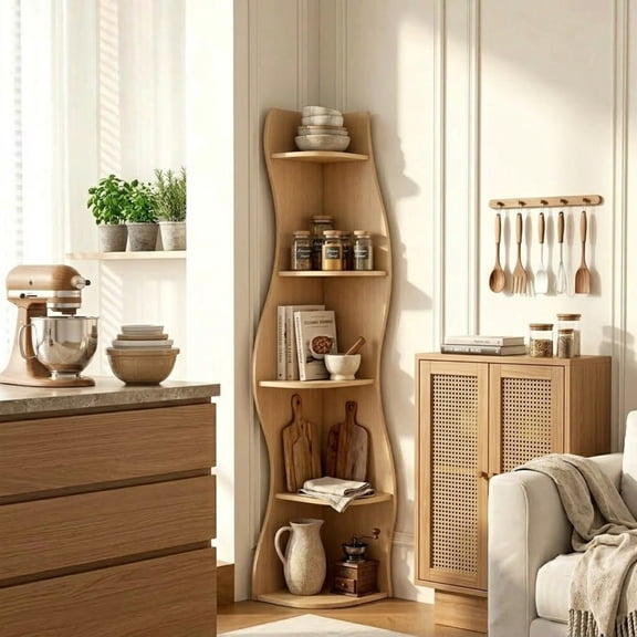 5-Tier S-Shaped Corner Shelf, Modern Freestanding Curved Display Rack, Space-Saving Corner Bookshelf Plant Stand for Living Room, Bedroom, Bathroom, Home Office