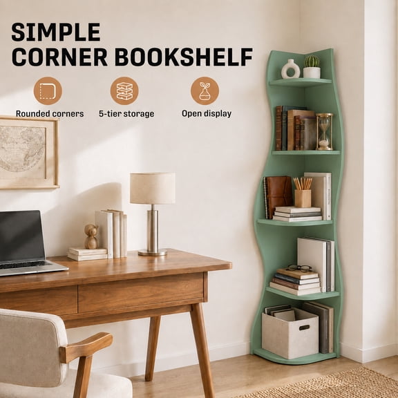 5-Tier S-Shaped Corner Shelf, Modern Freestanding Curved Display Rack, Space-Saving Corner Bookshelf Plant Stand for Living Room, Bedroom, Bathroom, Home Office