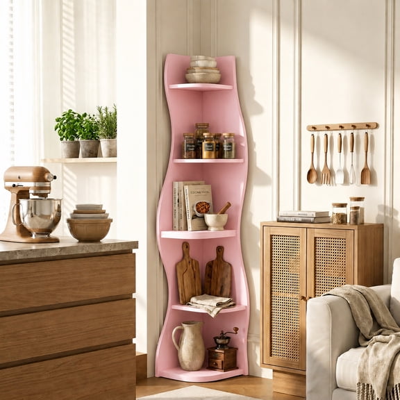 5-Tier S-Shaped Corner Shelf, Modern Freestanding Curved Display Rack, Space-Saving Corner Bookshelf Plant Stand for Living Room, Bedroom, Bathroom, Home Office