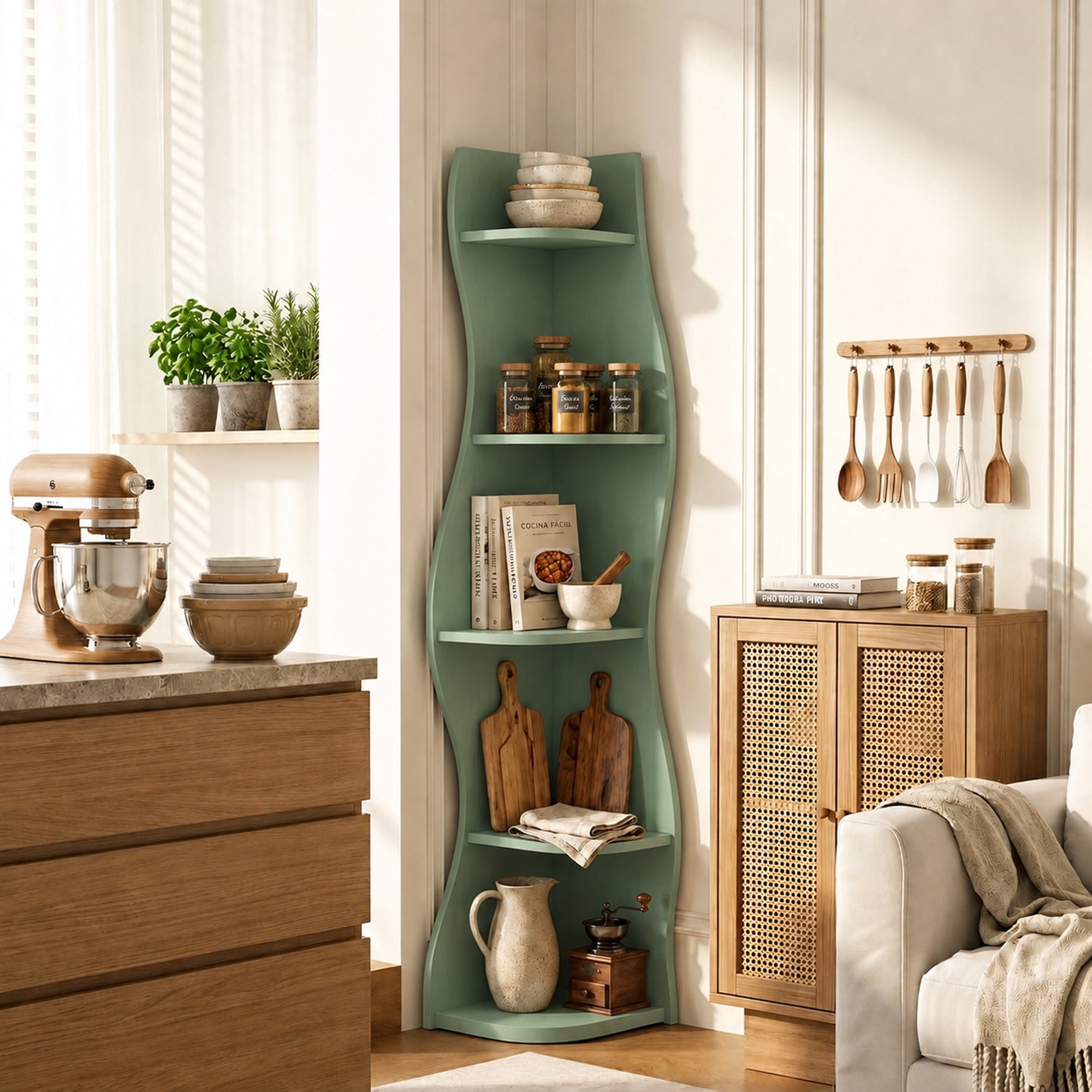 5-Tier S-Shaped Corner Shelf, Modern Freestanding Curved Display Rack, Space-Saving Corner Bookshelf Plant Stand for Living Room, Bedroom, Bathroom, Home Office