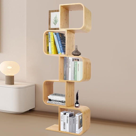 5-Tier S-Shaped Geometric Bamboo Bookshelf, Modern Creative Display Curved Rack Free-Standing Bedside Table Storage CDs, DVDs Display Rack Opening Style Standing Book Shelf for Home, Office, Bedroom