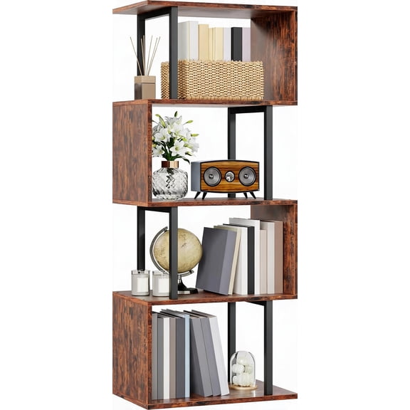 5 Tier S Shaped Geometric Bookshelf Narrow Freestanding Display Shelves Modern Wood Storage Rack Rustic Brown