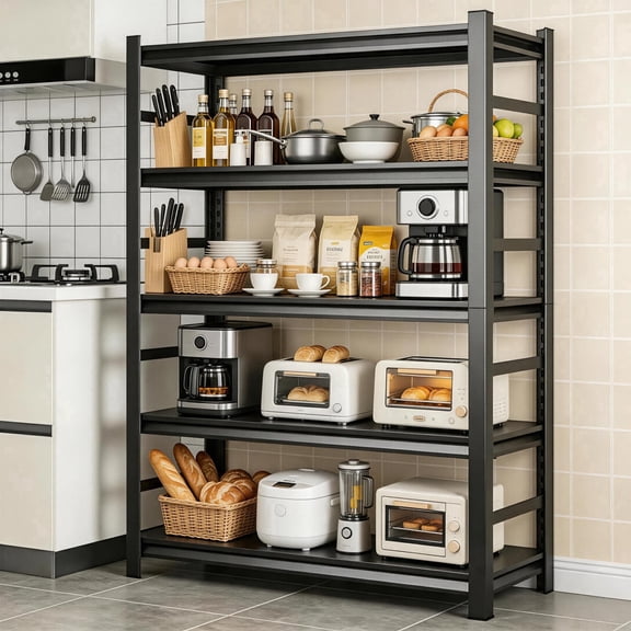 5-Tier Shelf with Guardrails Adjustable Heavy Duty Pot and Pan Organier Heat Resistant 36"W x 71"H Large Metal Tall Shelf with Storage 2000LBS Racks for Frying Pan Kitchen Pantry Dinning Room