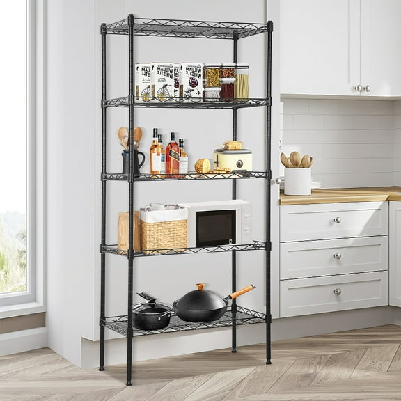5-Tier Shelf Metal Storage Rack Shelving Unit Adjustable Wire Shelving Unit Organizer Standing Shelf Units for Kitchen, Garage, Bathroom, Strong Steel Shelf with Leveling Feet, Black
