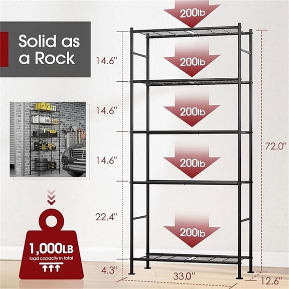 5 Tier Shelf Organizer, Heavy Duty Garage Shelving Unit with Leveling Feet, Stable Metal Shelves Organizer for Pantry, Kitchen and Closet, 33.0" W x 12.6" D x 72.0" H, Black