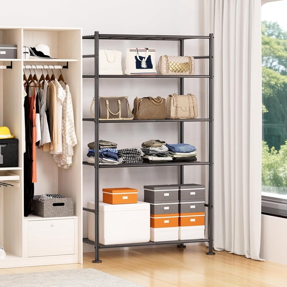 5 Tier Shelf Organizer Rack, Metal Shelving Unit with Adjustable Leveling Feet, Space-Saving Storage Shelves for Garage Closet Laundry Bathroom Kitchen Pantry, 33.07Wx12.6Dx72.04H, Black