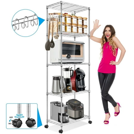 5-Tier Shelf Wire Shelving Racks with Casters Hooks Kitchen Steel Storage Shelf Rack, Sturdy Metal Shelves Unit Organizer for Home Office 23.2 x 13.8 x 72" Silver