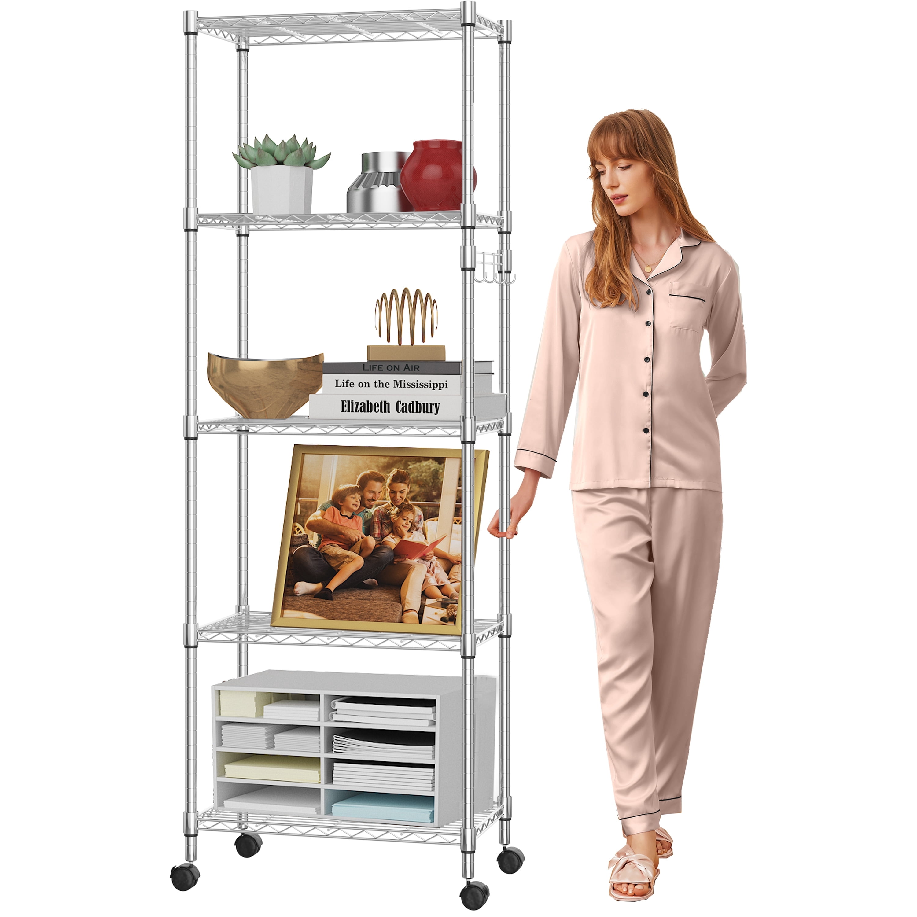 Qhomic 6-Tier Storage Shelf Wire Shelving Unit Free Standing Rack with 6 Hooks, Storage Rack for Kitchen, Bathroom, Garage, and Balcony, 21.26" x 11.42" x 62.99"