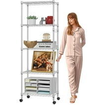 5 Tier Shelf Wire Shelving Units 72'' Storage Rack Height Adjsutable Metal Shelves Standing Rack with 4 Hooks and Wheels for Home Garage Kitchen, Silver