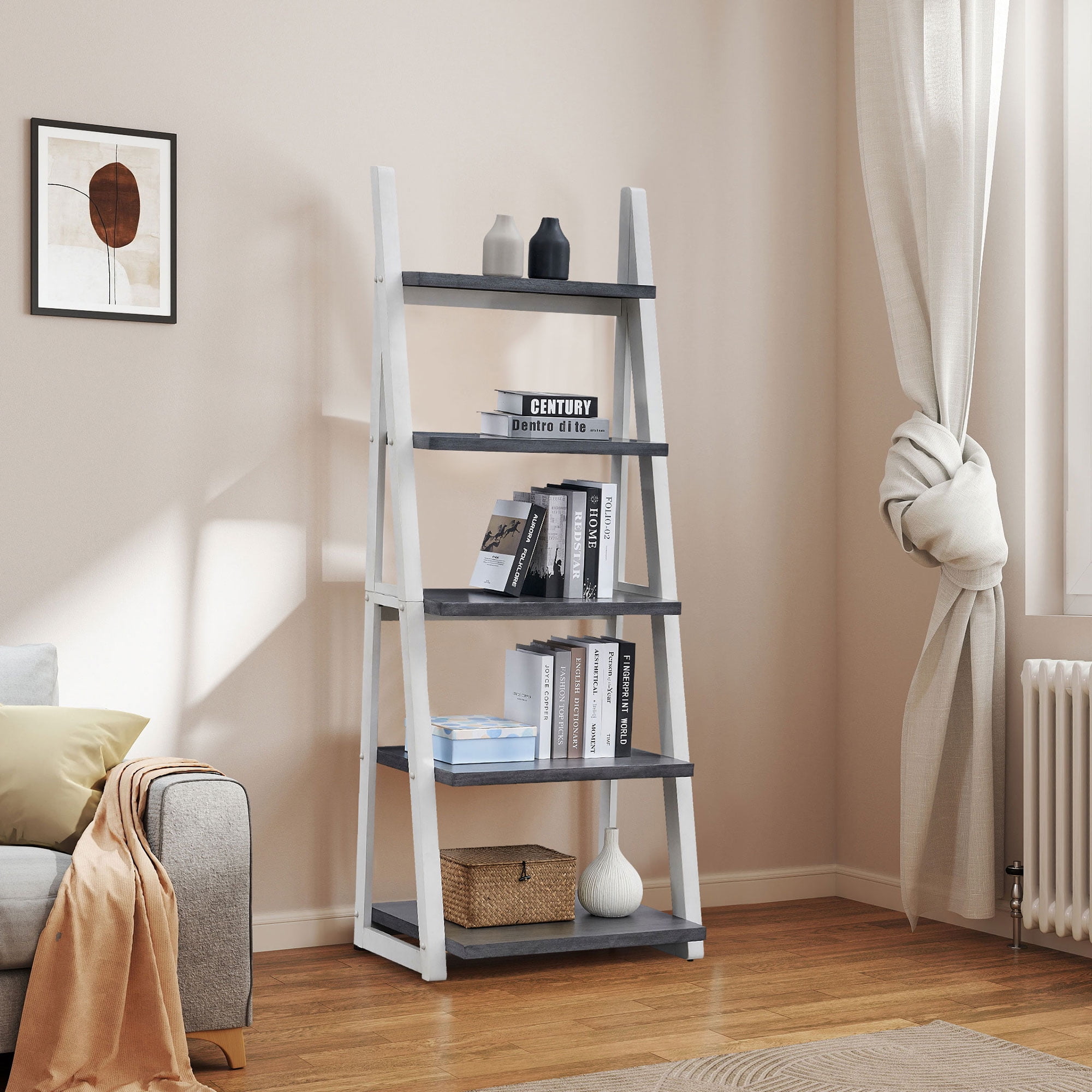 5-Tier Shelves Bookshelf, Storage Rack, Bookcase with Rubber Wood Frame, Ladder Shelf for Living Room, Home Office, Kitchen, Bedroom, Apartment