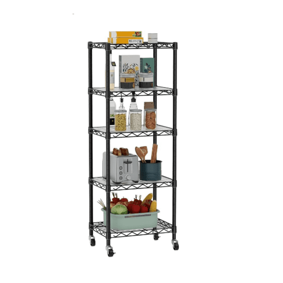 5 Tier Shelves Storage Wire Shelving Unit Metal Shelf Adjustable Organizers Storage Shelving with Wheels for Bathroom Laundry Room Kitchen Pantry12D x 18W x 57.2H Black