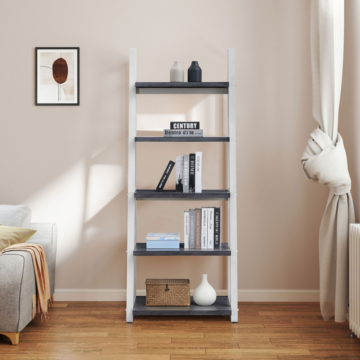 5Tier Shelves, modern open Bookshelf, Rubber Wood Frame storage rack