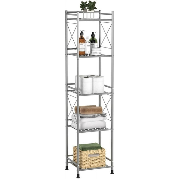 5 Tier Shelving Unit, Freestanding Bathroom Storage Shelves, Metal Heavy Duty Storage Rack Shelf for Small Space Kitchen Balcony Office, Silver Gray