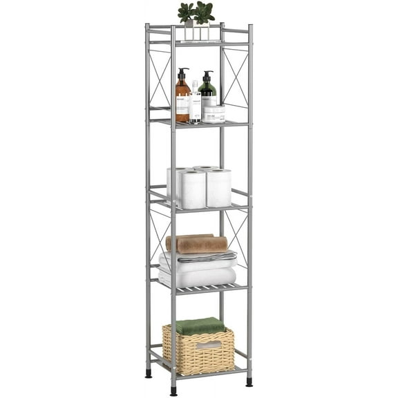 5 Tier Shelving Unit, Freestanding Bathroom Storage Shelves, Metal Heavy Duty Storage Rack Shelf for Small Space Kitchen Balcony Office, Silver Gray