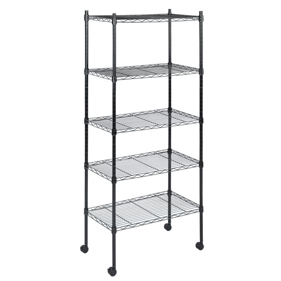 5-Tier Shelving Units Adjustable,Wire Shelf with 1000 lbs Capacity with Wheels & Leveling Feet,Black