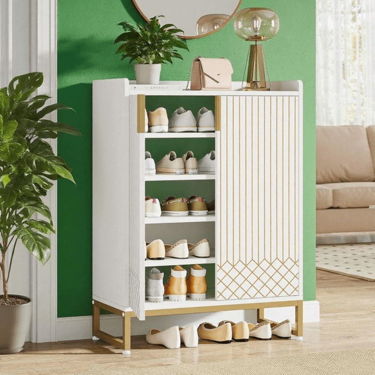 5-Tier Shoe Cabinet - White with Gold Accents, 20-25 Pair Capacity, Slim Vertical Design, MDF & Steel Legs, Modern Minimalist for Entryway/Hallway